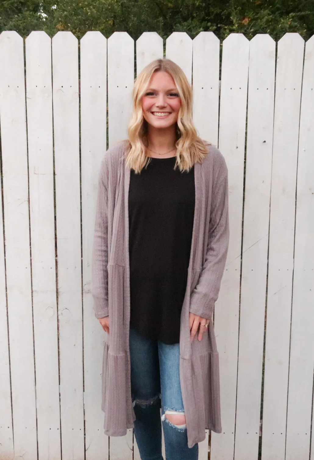 Tier Long Sleeve Duster Cardigan in Silver