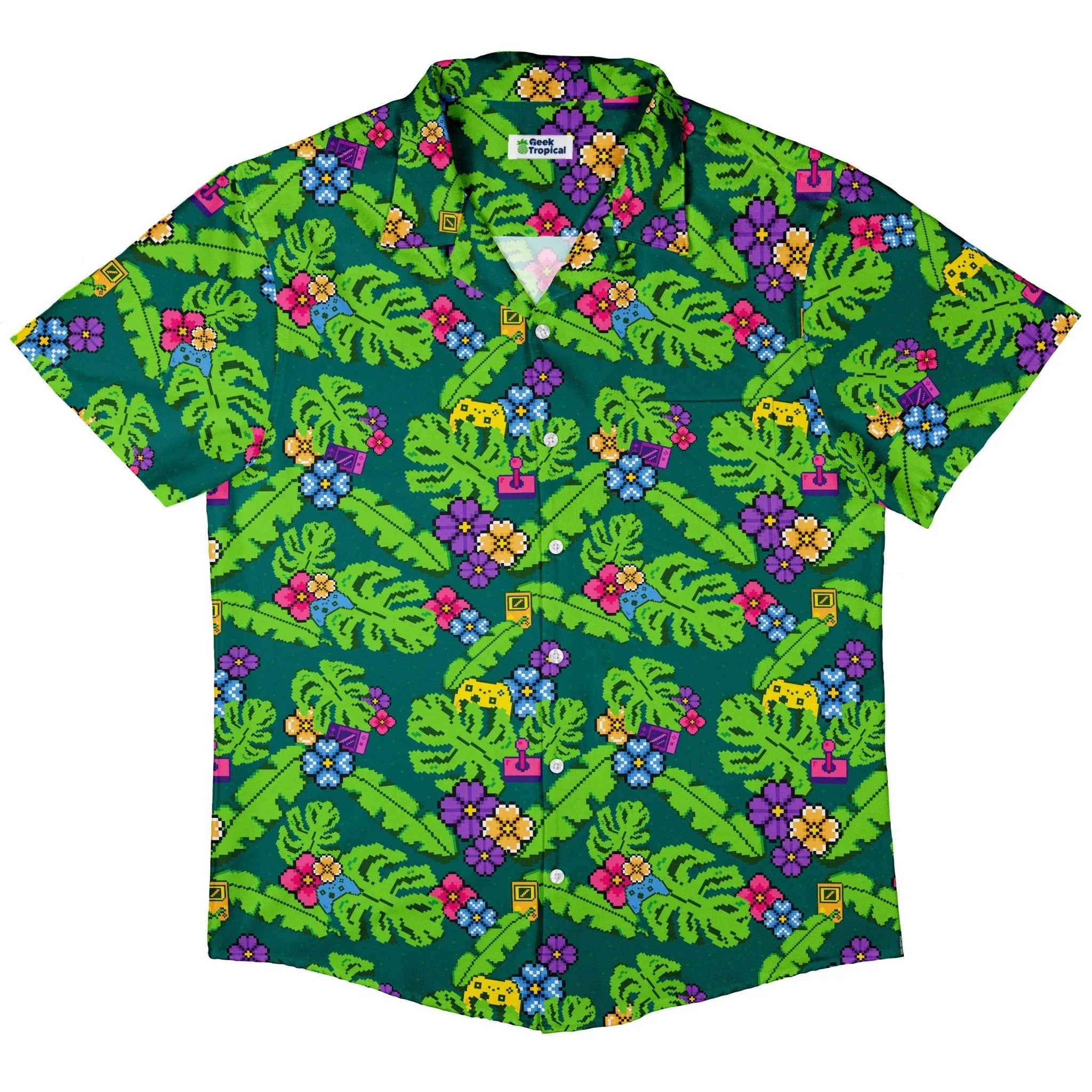 Tropical Video Game Pixels Button Up Shirt