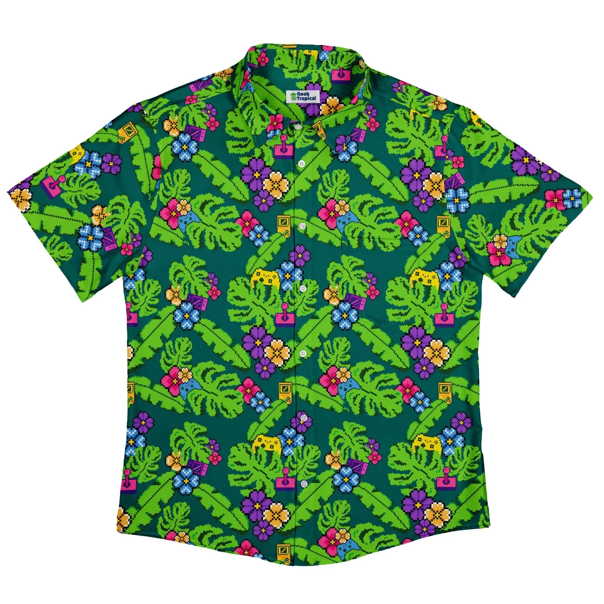 Tropical Video Game Pixels Button Up Shirt