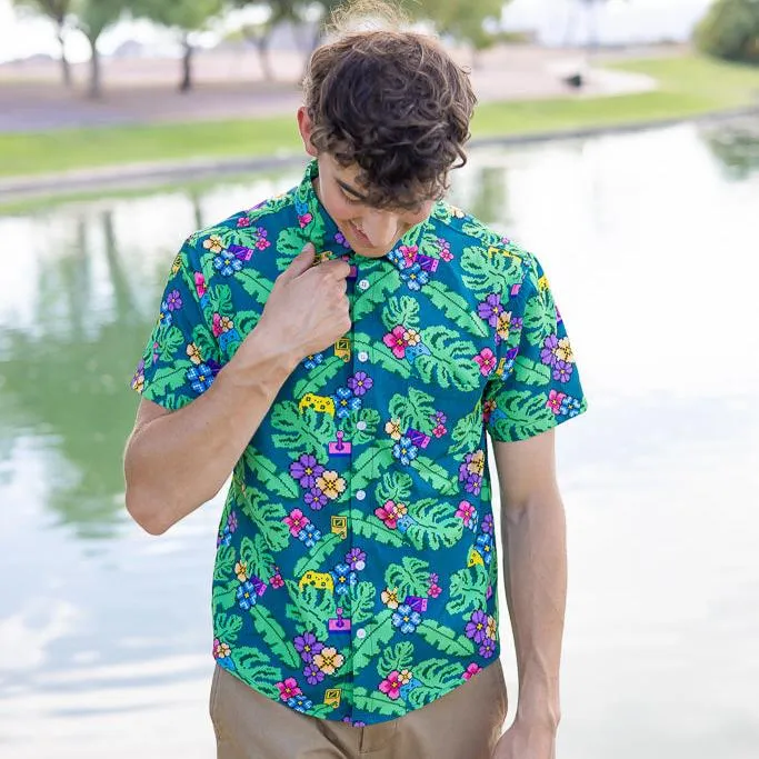 Tropical Video Game Pixels Button Up Shirt