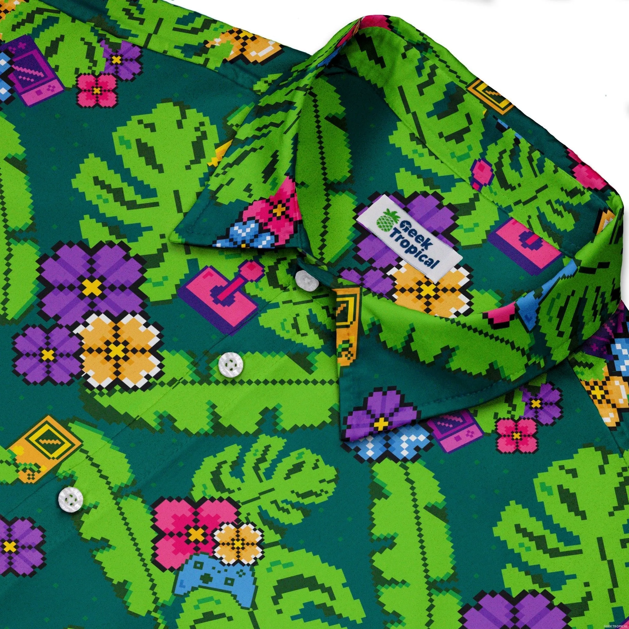 Tropical Video Game Pixels Button Up Shirt