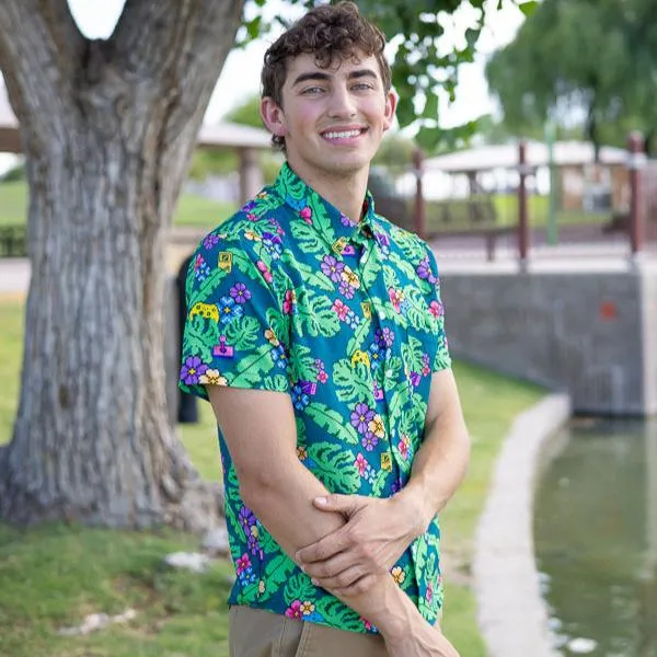 Tropical Video Game Pixels Button Up Shirt