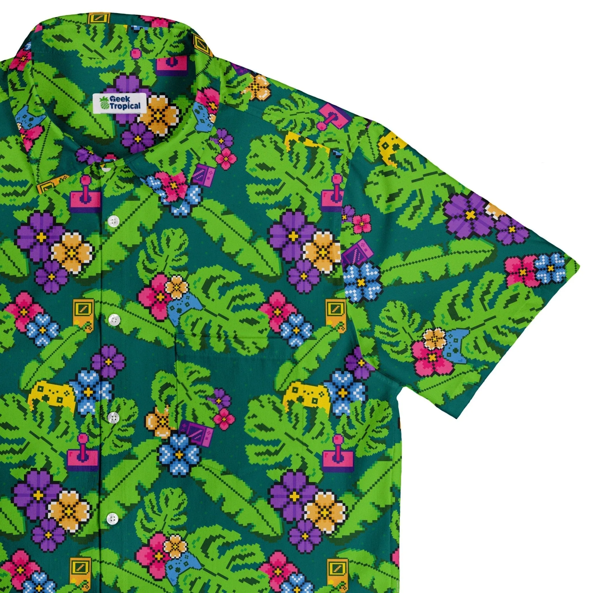 Tropical Video Game Pixels Button Up Shirt