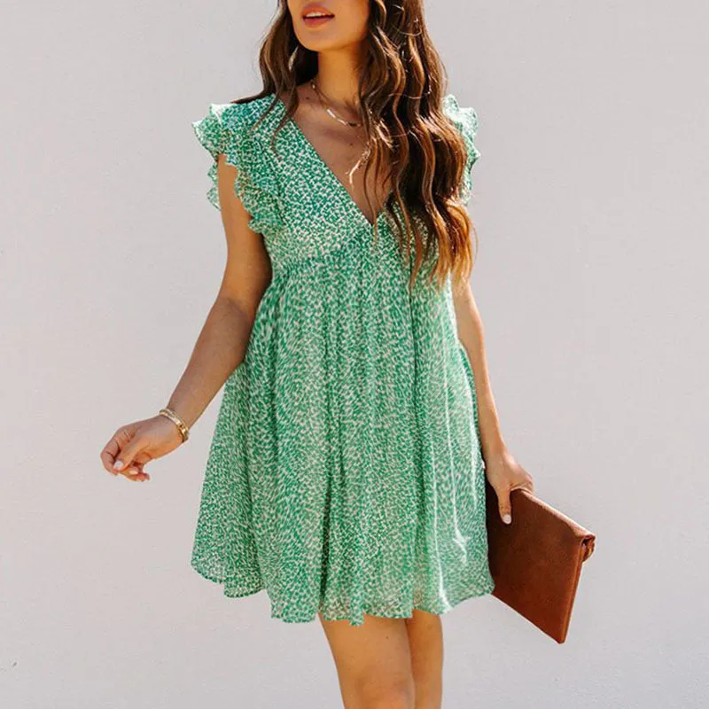 V-Neck Printed Chiffon Maxi Dress