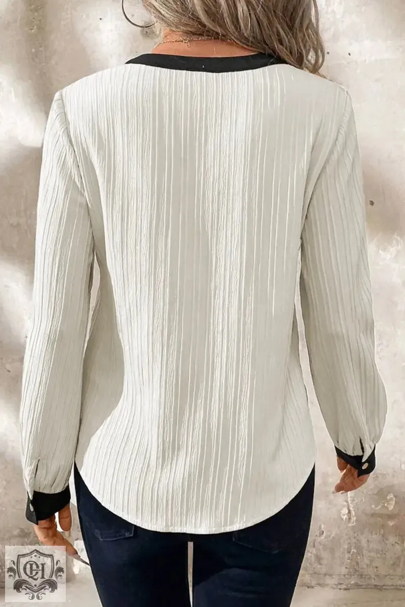White Textured Colorblock V Neck Elegant Blouse