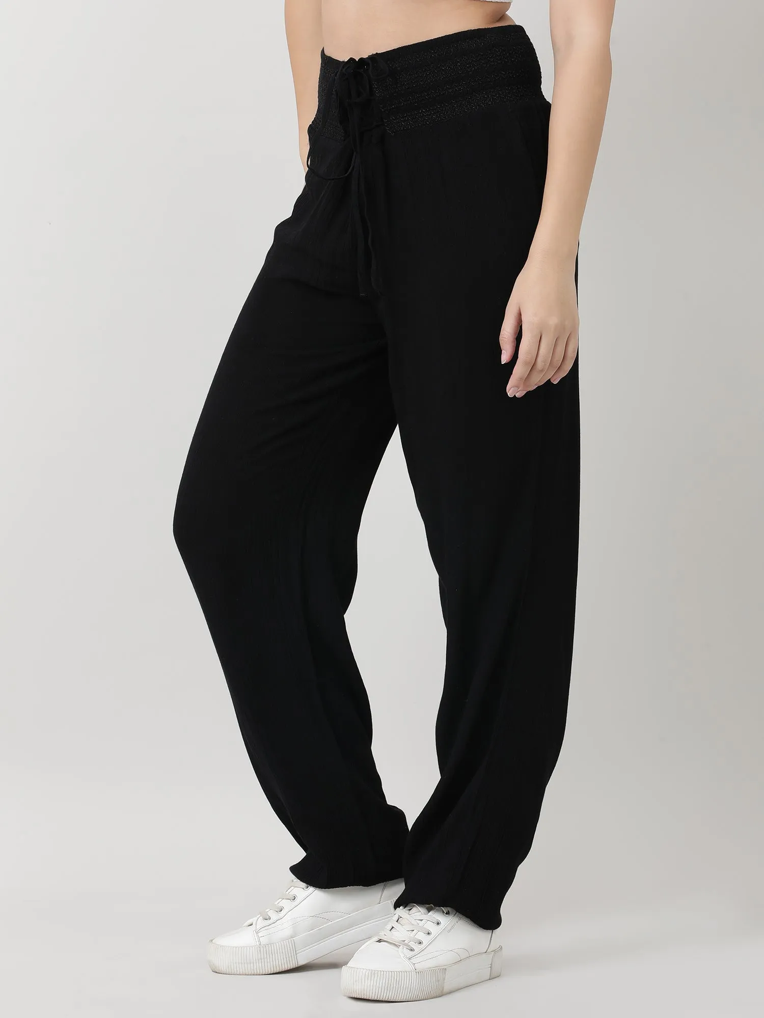 Women Ruched Waist Black Pants