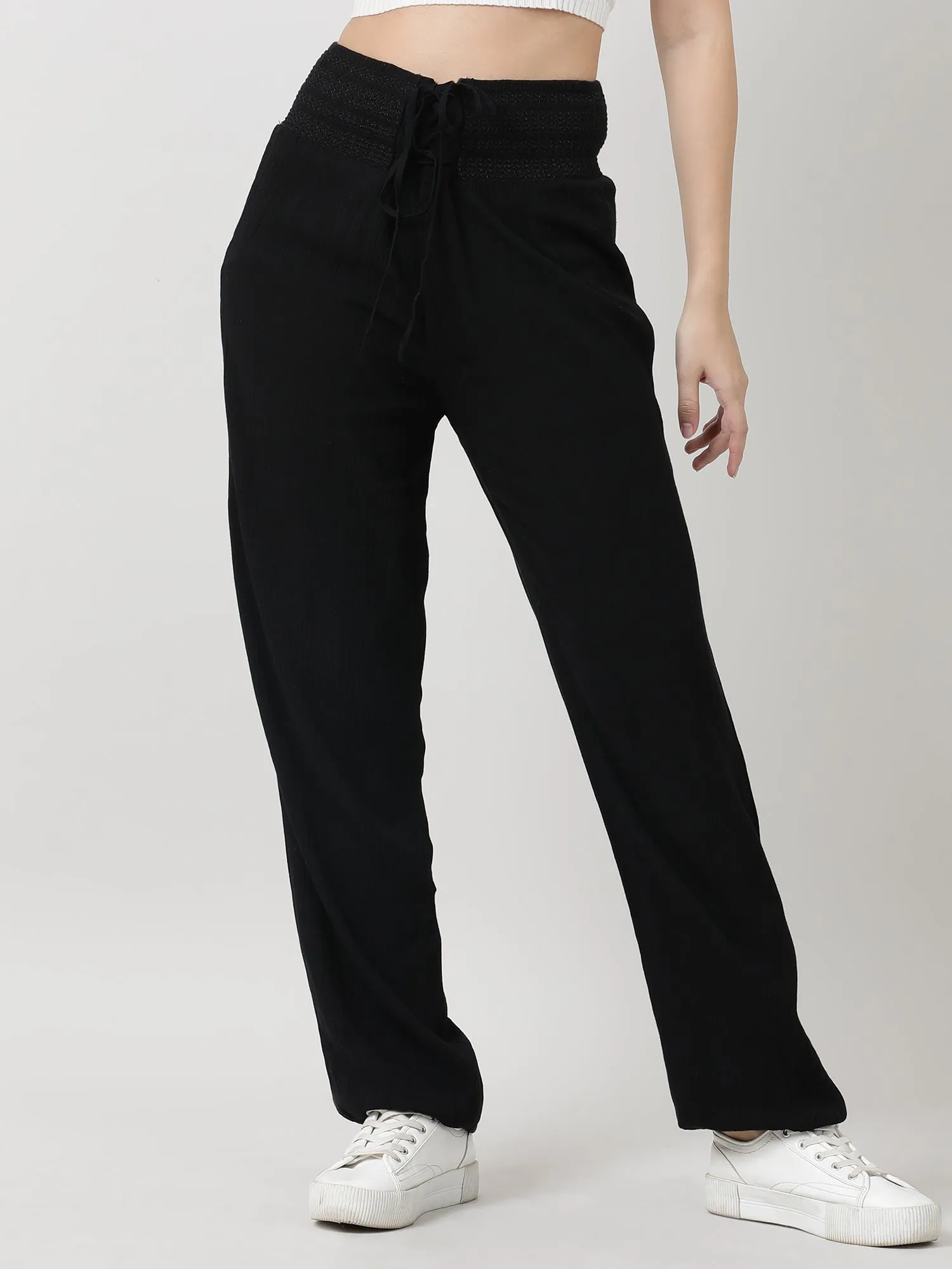 Women Ruched Waist Black Pants