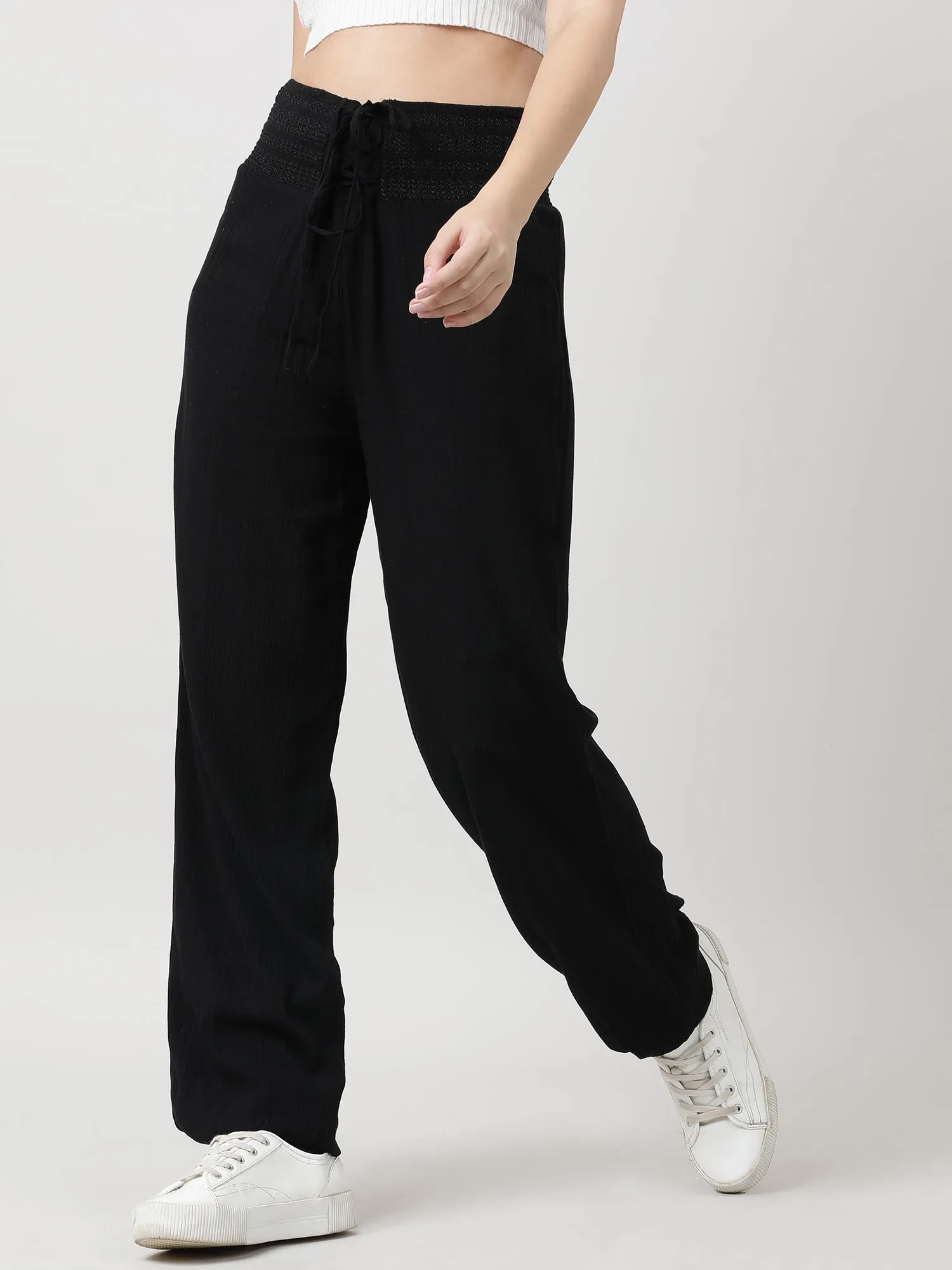 Women Ruched Waist Black Pants