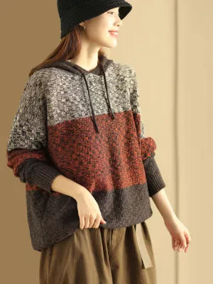 Women Winter Colorblock Jacquard Warm Hooded Sweater