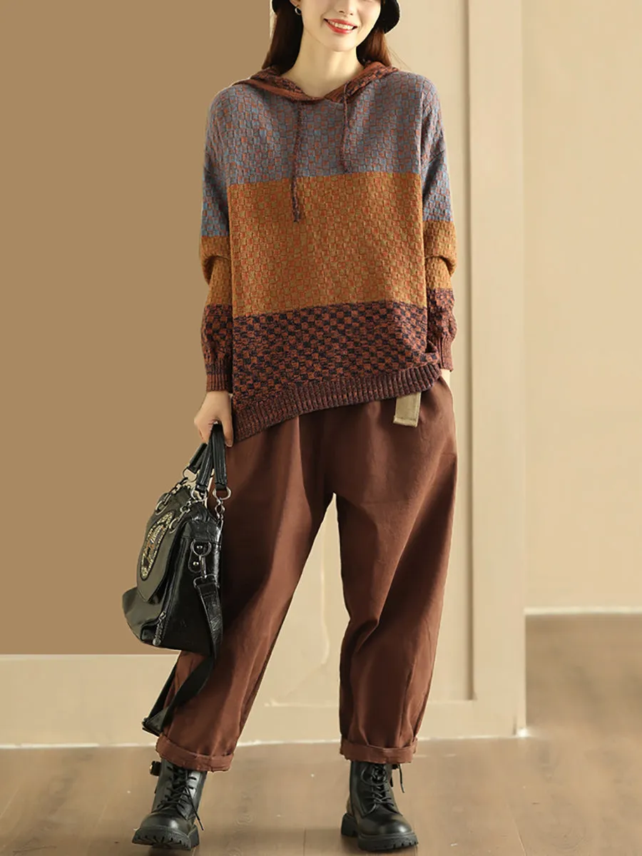 Women Winter Colorblock Jacquard Warm Hooded Sweater