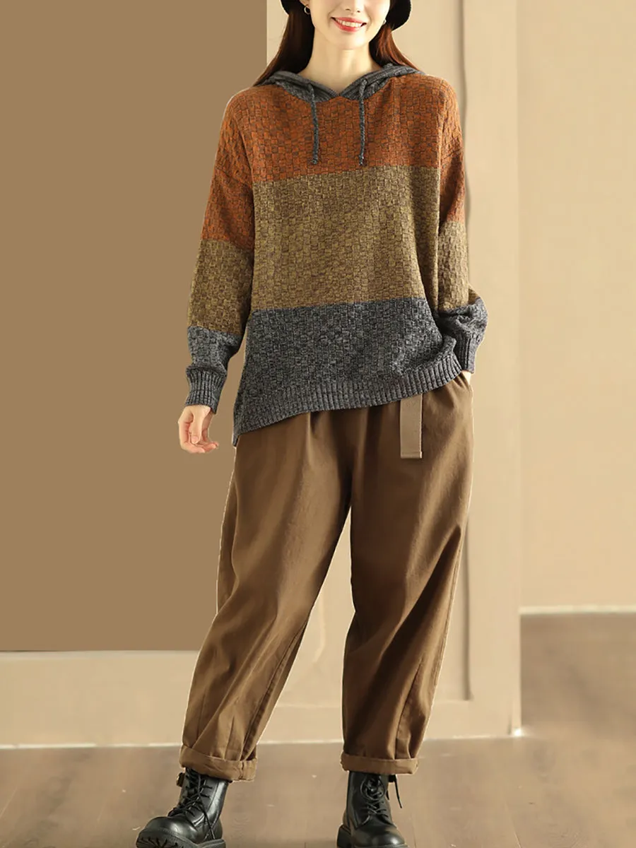 Women Winter Colorblock Jacquard Warm Hooded Sweater