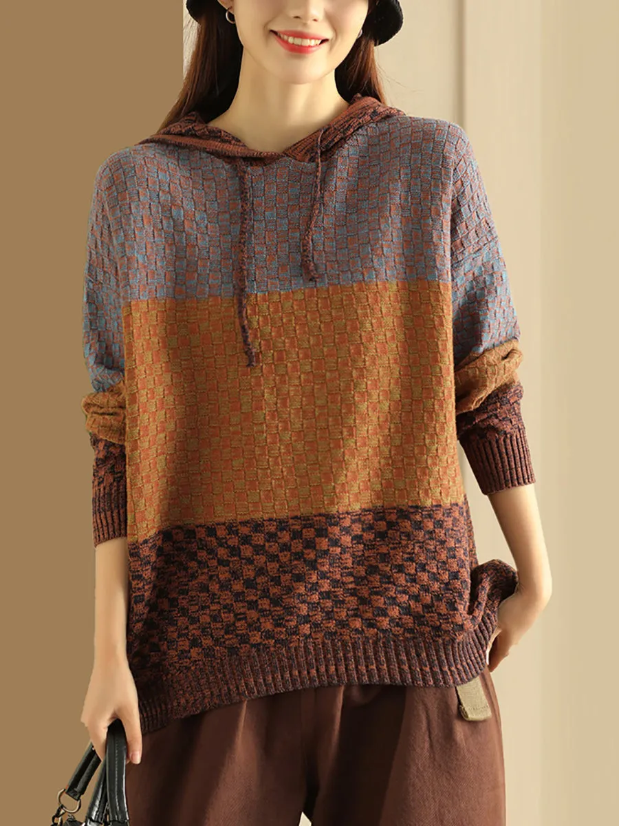 Women Winter Colorblock Jacquard Warm Hooded Sweater