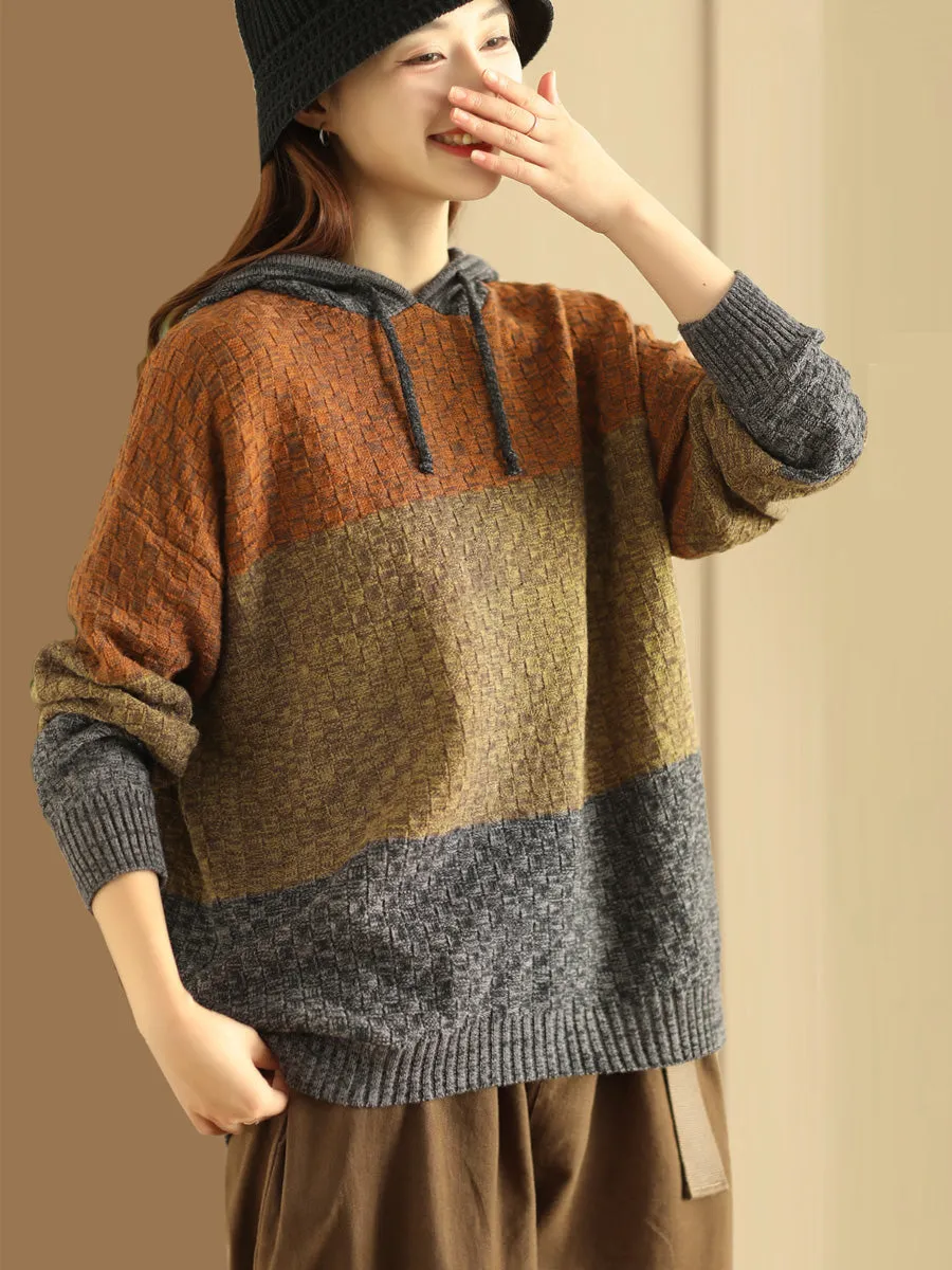 Women Winter Colorblock Jacquard Warm Hooded Sweater