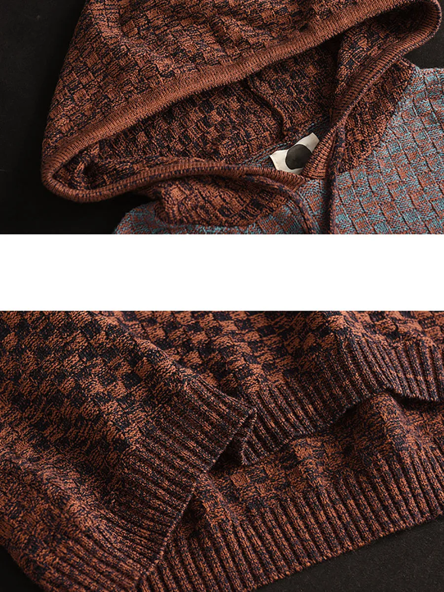 Women Winter Colorblock Jacquard Warm Hooded Sweater