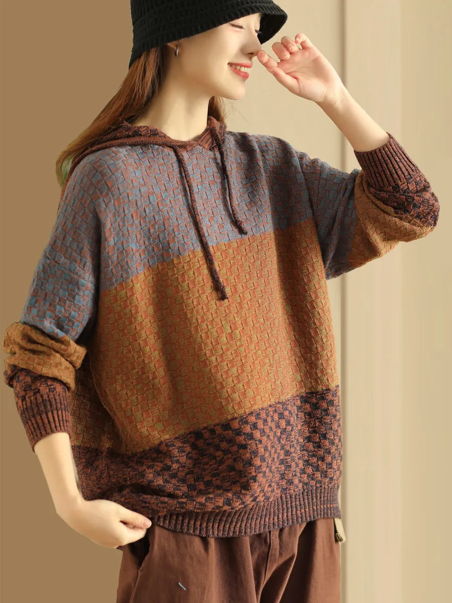 Women Winter Colorblock Jacquard Warm Hooded Sweater