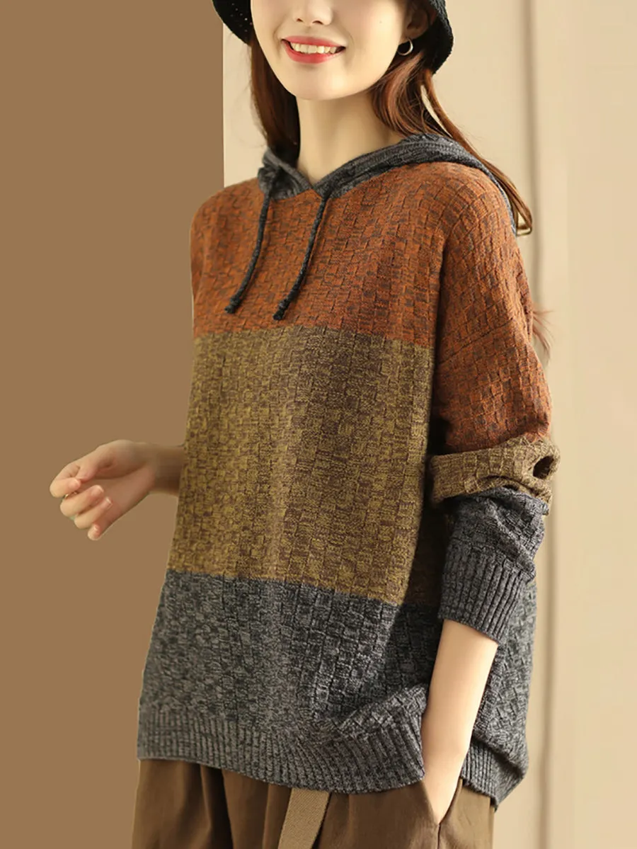Women Winter Colorblock Jacquard Warm Hooded Sweater