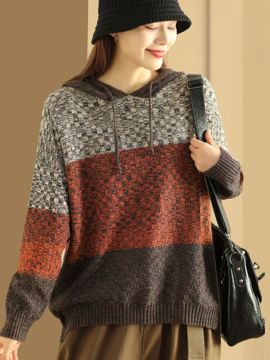 Women Winter Colorblock Jacquard Warm Hooded Sweater