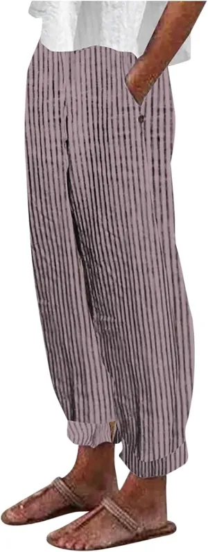 Women's Linen Pants Baggy Casual Summer Solid Color Boho Plus Size High Waist Linen Pants 2025 Work Trousers with Pockets