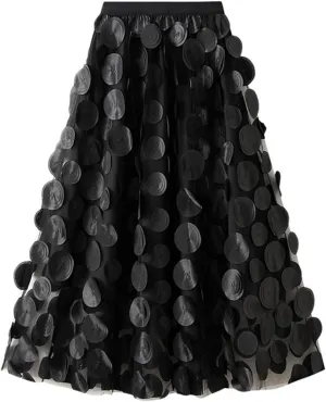Women's Tulle Midi Skirt Polka Dot Elastic High Waist Mesh Tutu Skirts Solid Color Fairy A-line Party Clubwear Skirt