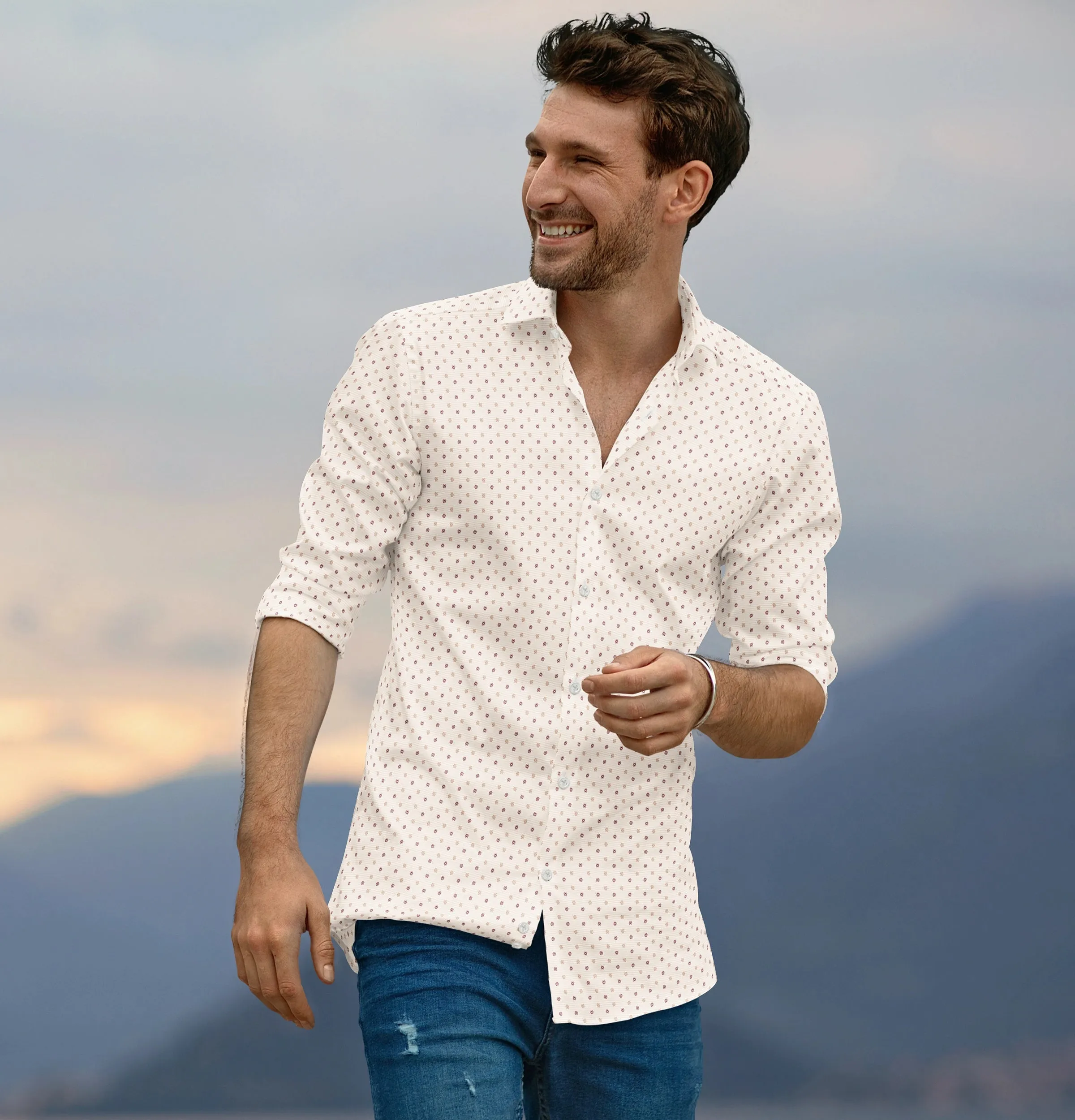 Wrinkle-free Beige with Geometric Print - Long Sleeve