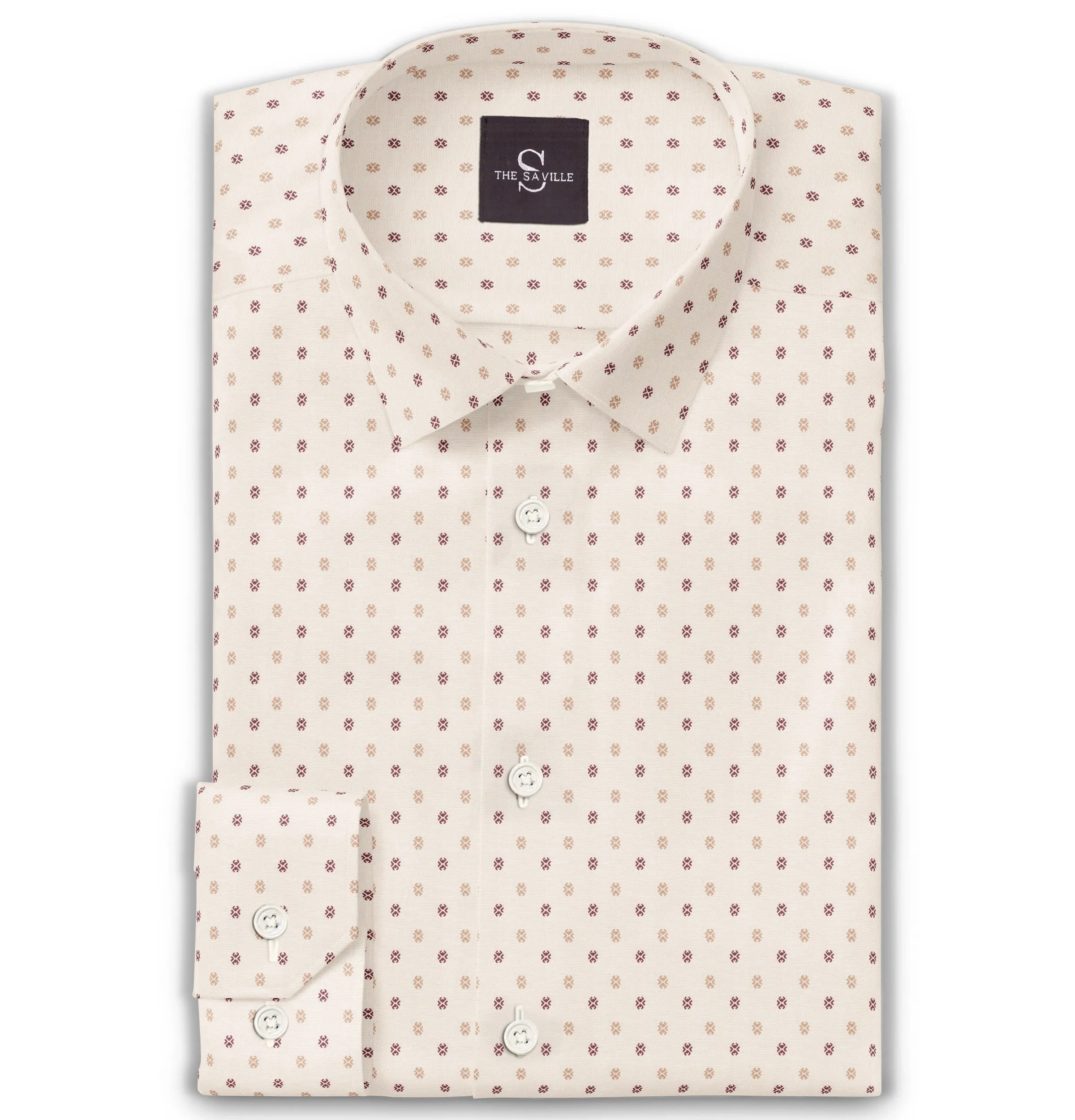 Wrinkle-free Beige with Geometric Print - Long Sleeve