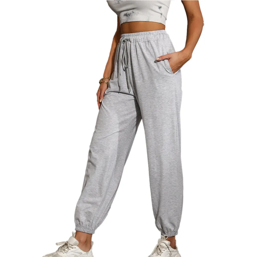 YESFASHION Casual High Waist Sports Trousers Elastic Cropped Pants
